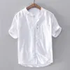 Camisa de linho de algodão masculina sólida manga curta casual fino botão para baixo qualidade mandarim camisas masculinas masculina187n