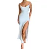 Casual Dresses Women Satin Dress Sleeveless Spaghetti Strap Cowl Neck Summer Ruched Bodycon High Slit Formal Turtleneck