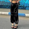 Calças femininas verão moda cetim carga calça mulheres y2k streetwear sólido cintura alta cordão calças retas casual solto jogger senhora