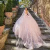 Pink Beaded Lace Ball Gown Quinceanera Dresses Appliqued Prom Gowns With Long Sleeves Sweetheart Neckline Sweep Train Sweet 15 Corset Masquerade Dress