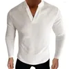 Herrtröjor casual skjorta män står krage fast färg långärmad tröjor v-hals skjortor andas cool komfort