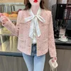 Damenjacken Elegante Herbst Rosa Wollwebart Jacke Mantel Französisch Kleine Duftende Frauen O Neck Langarm Plaid Tweed Quaste Taschen