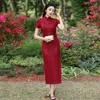 Etniska kläder Elegant spets Red Cheongsam Stand krage retro festlig födelsedag qipao kinesisk stil bröllop kväll klänning för kvinnor