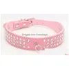 Dog Collars Leashes Personalized Length Suede Skin Jeweled Rhinestones Pet Three Rows Sparkly Crystal Diamonds Studded Puppy Colla Dheyx