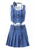 Vestido de dos piezas Fantoye Flores de verano Conjuntos de mujeres Correa de espagueti azul Tops Faldas plisadas de cintura alta Mujer Traje de falda de niña picante 230906