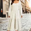 Casual Kleider 2023 Blumenkleid Frauen Square Neck Rüschen Swing Eine Linie Maxi Langarm Strand Plus Größe Herbst