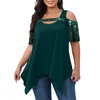 Women's Plus Size TShirt Summer Clothes for Women Hollow Out Irregular Fashion ONeck Sequined Splice Short Sleeve Blackish Green Top 230906