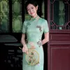 Etnisk kläder sommar blommig långgrön förbättrad cheongsam elegant söt prestanda kinesisk traditionell stil kvällsklänning qipao för