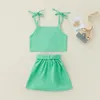 Kleidung Sets Baby Mädchen 2PCS Outfits Einfarbig Knöpfe Fliege Sling Straps Crop Tops Mini Rock Mit Taille Gürtel sommer Süße Set