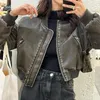 Women's Leather Washed Faux Pu Cropped Bomber Y2k Girls Motor Biker Jacket Women Winter Coat Vintage Fashion Chic Streetwear Handmade