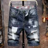 Męskie dżinsy pięciopunktowe dżinsowe dziura zrujnowane spodnie krótkie letnie podstawowe młodość swobodny niebieski