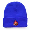 Berets Funny Calcifer Devil Cosplay Beanie Hat Embroidery Flame Knitted Cap Cute Fire Pattern Skull Bonnet For Halloween Party Gift