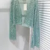 Kvinnors stickor 2023 Tidig höst Fashion Elegant Mint Green Beaded Magic Sequined Cardigans Women Runway Långärmad Deep V Neck -knapp