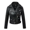 Femmes en cuir automne femmes fausse veste Biker rouge noir manteau col rabattu PU moto vestes mince Streetwear vêtements d'extérieur avec ceinture