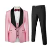 Pink Mens Suits 3 Pieces Floral Jacquard Black Shawl Lapel Groomsmen Tuxedos For Wedding Suits Men Blazer Vest Pants267p