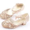 New Girls 'High Heel Shoes paljetter Spring och Autumn Middle School Children's Princess Shoes Studentskor Baotou Sandaler