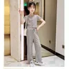 衣料品セット2023夏の女の子のスーツ中学校服子供のファッションソリッドショートスリーブトップワイドレッグパンツ2ピースセット4  -  14年
