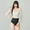 Damskie stroje kąpielowe One Piece Tankinis Summer Korean Swimsuit Ladies Czarna biała przezroczysta warstwa spódnica siatkowa Kącik Kąpienia z długim rękawem