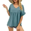Women's T Shirts Summer Casual V Neck Pleated Shirt Doll Loose Ruffled Top Corduroy Jacket