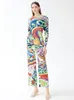 Calças femininas de duas peças outono estilo casual moda plissado pintado manga longa terno 2023 solto de duas peças elegante