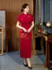Etniska kläder yourqipao sommarsilke lång röd cheongsam catwalk bankett retro evenemang värd qipao kinesisk stil kväll bröllop klänning för