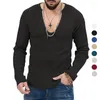 Herensweaters Katoenen top Dieptepuntoverhemd Trendy lente en herfst Diepe V-hals Effen kleur Gebreid met lange mouwen