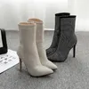 새로운 고품질 포인트 발가락 모조 다이아몬드 하이힐 부츠 여성 가을 ​​사이드 지퍼 패션 신발 여성 플러스 사이즈 섹시 하이힐 크기 35-42