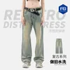 Men's Jeans 2023 Fashion Men Muddy Yellow Splatted Ink Washed Old Straight Leg Wide Versatile Casual Loose Pants