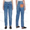 Jeans casual affusolati da donna con tasca in collage di pelle, jeans blu lavati a vita alta