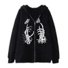 Men's Jackets Gothic Skull Print Women Hoodies Zip Pocket Sweatshirts Hip Hop Streetwear Loose Hooded Harajuku Casual Jacket Y2K Clothes