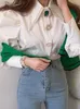 Kvinnor S BLOUSES SHIRTS Circyy French Vintage Blue Spring -knapp Up Shirt Pointed Collar Long Puff Sleeve Pearl Slim White Tops 230906