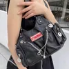 Evening Bags MBTI Goth Y2k Vintage Shoulder For Women Black Chains Large Capacity Tote Bag Pu Leather Shopper Advanced Fashion Handbag