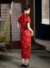 Ethnische Kleidung Elegante Sommer Lange Schlanke Seide Cheongsam Laufsteg Rot Mode Bankett Party Qipao Chinesischen Stil Hochzeitskleid Für Frauen