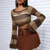Women's Sweaters Ardm Fashion Womens Y2K Cropped Sweater Hollow Out Color Block Long Sleeve Crochet Crop Tops Auturn Knitwears Pullovers