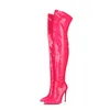 Fashion Patent Leder Frauen über Kniestiefeln zurück Reißverschluss Lange Stiefel Damen zeigte Zeh Sexy High Heels Schuhe Sapatos Feminos für Mädchenschuhe 35-43