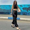 Calças femininas verão moda cetim carga calça mulheres y2k streetwear sólido cintura alta cordão calças retas casual solto jogger senhora