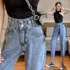 Kvinnors jeans trendiga kvinnor vintage tvättade lösa streetwear harem byxor ljusblå kvinnlig tunt denim hög midja smal vår trevlig