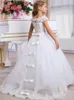 Robes à fleurs en Tulle blanc pour filles, avec des Appliques en dentelle, ourlet au dos, manches cape, pour mariage, fête d'anniversaire, robes de première Communion