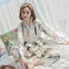 Женская одежда для сна, пижамы из ледяного шелка, весна и осень, японское кимоно с длинными рукавами, корейская версия, повседневная домашняя одежда, комплект из 2 предметов
