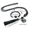 Halsband örhängen set vintage design 108 mala pärlor handgjorda knut 6mm glänsande svart onyx stenarmband för kvinnor män mode yoga smycken