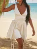 Casual Dresses Women Summer A-Line Dress Solid Color V-Neck Tie-up Backless Mini Fashion Beach Holiday Skin-Friendly