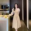 Casual Dresses 2023 Summer Women's French Pearl Collar Midi Dress Korean Ladies Gracieful Evening Party Patchwork Slim Midje