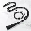 Collier boucles d'oreilles ensemble Design Vintage 108 perles Mala noeud fait à la main 6mm brillant noir Onyx pierre bracelets pour femme hommes mode Yoga bijoux