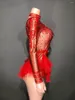 Bühnenkleidung Sparkly Strass Body für Frauen Sexy Mesh Rüschen Latin Dance Kostüm Nachtclub Trikot Party Geburtstag Outfit