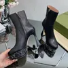 Stivaletti con plateau da donna con borchie Punta tonda in vera pelle Stivali con tacco grosso Stivali alla caviglia con cerniera di design di lusso da 14 cm Stivali da cavaliere con tacco alto