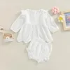 Kledingsets 0-24M Peuter Baby Meisjeskleding Set Effen Kleur Uitsnijding Ronde Hals T-shirt Met Lange Mouwen Tops En Elastisch Casual Ruches Shorts