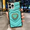 Luxury Square Leather Case 3D Diamond Love Heart Ring Bracket Metal Suffsäkert fodral för iPhone 15Pro Max 11 12 14Pro XR XM Samsung S23 S22 -täckning
