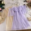 Partykleider Sweet Fairy Off Shoulders Gaze Gespleißte Rüschen Kleid Trägerloses Netz Plissee Vintage A-Linie Vestidos 2023