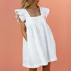 Vestidos casuais mulheres babados mini vestido verão elegante manga borboleta gola quadrada bolso feminino praia bonito sólido cintura alta