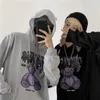 Deeptown Gothic Streetwear Bear Print Grey Oversize Hoodies Women Black Punk Hip Hop Par Lång ärm Sweatshirt Mall Goth Top